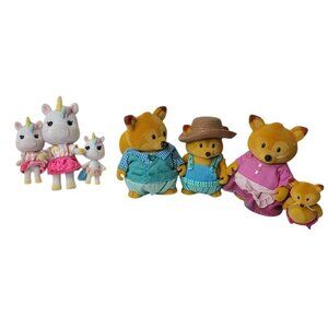 Lot of 7 Flocked Toy Figurines Lil Woodzeez Fox Honey Bee Acres Unicorn Family
